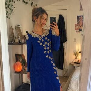 Vintage Globus 100% Silk Beaded Evening Gown Royal Blue Size M